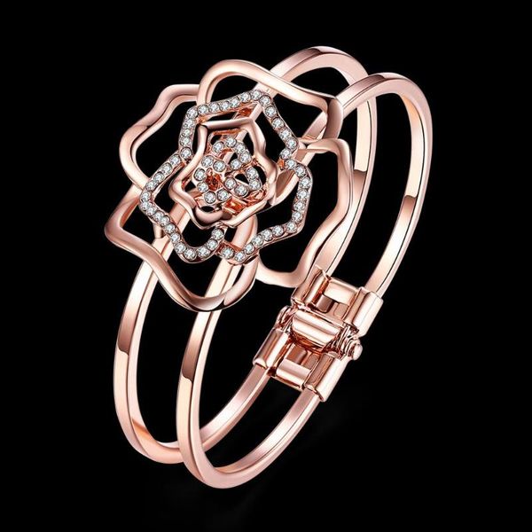 

new arrival 18 k gp rose gold color white zircon inlay rose shape bangle trendy jewelry gift for most women, Black
