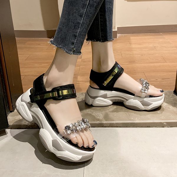

6cm/2.3 inch height women's wedge sandals summer thick bottom open toed slippers fashion pvc rhinestone platform beach shoes, Black
