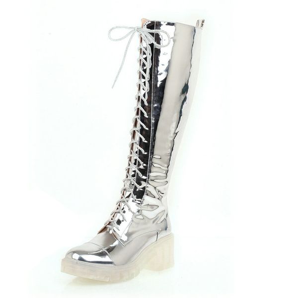 

2020 new transparent sole women boots fashion pu platform high heel knee high boots lace up zip shoes autumn winter ladies shoes, Black