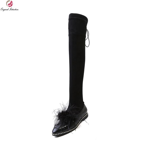 

original intention new women's over-the-knee boots slim thigh high boots suede leather black beige shoes woman plus us size 4-10