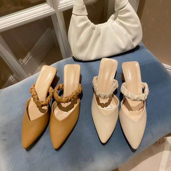 

front pleated band mules slippers women pointy toe thick strange high heels slides elegant solid closed toe mary janes shoes2020, Black