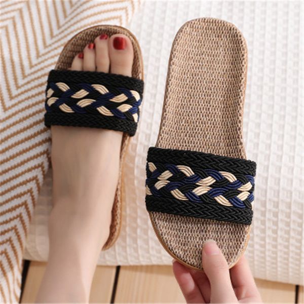 

fayuekey new ladies casual slides summer women flax slippers sandals colorblock weave blet flip flops woman linen indoor shoes, Black