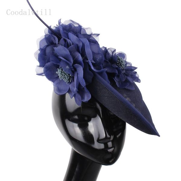 

fashion flower women formal fedora cap wedding headpiece handmade ladies event big fascintator hat hair pin millinery cap, Blue;gray