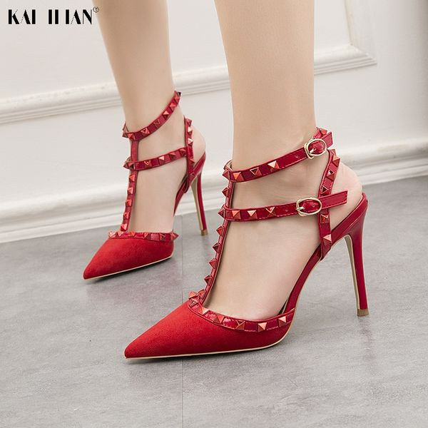 

kai ilian shoes women high heels 2020 red rivet pumps ladies pumps female party wedding shoe rivet pointed toe sandals lday, Black