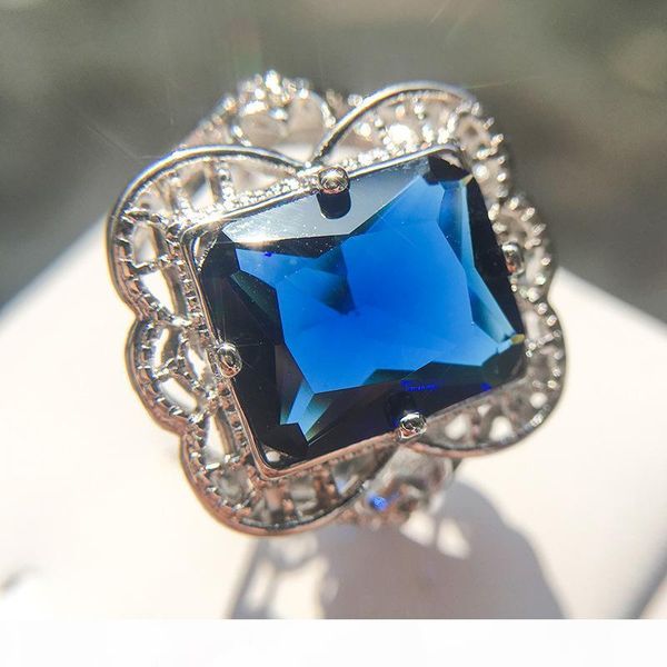 

classic geometric square blue zirconia women ring jewelry for party hollow pattern wedding engagement ring us size 6-10 bague, Golden;silver