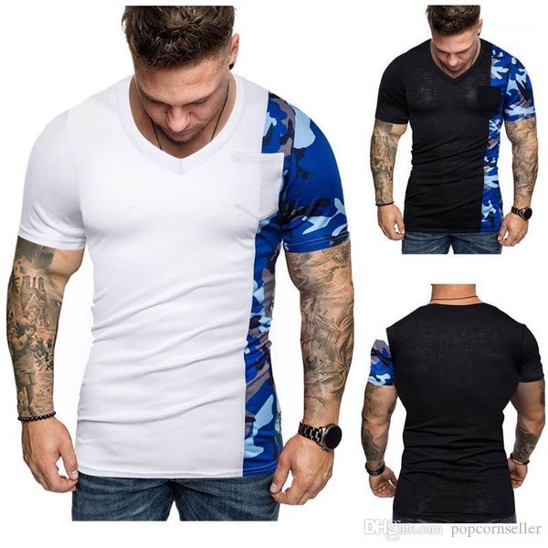 

collar short sleeve t-shirt casual males tees mens new fashion designer tshirt personality camouflage patchwork casual, White;black