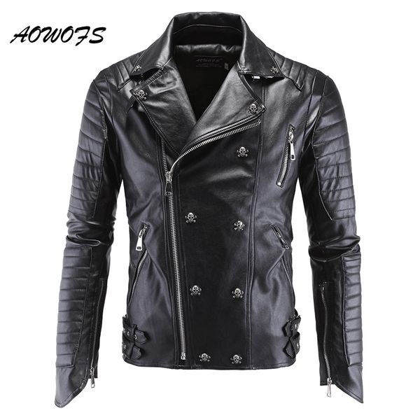 

aowofs mens leather jackets black motorcycle pp skull leather jackets rivets zipper slim fit quilted punk jacket biker coat 5xl