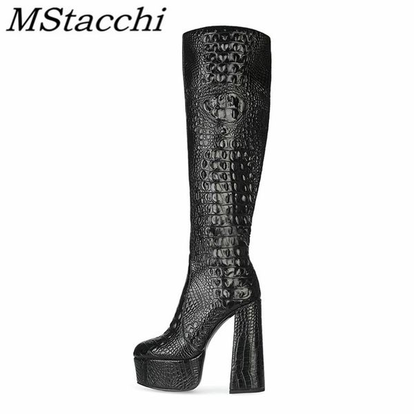 

mstacchi crocodile skin big size 34-45 women boots round toe platform 2020 new thick heel mature ladies shoes zapatos para mujer, Black