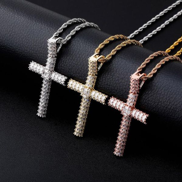 

hip hop retro long diamond cross pendant for men golden silver rhinestone luxury necklace cuban chain fashion jewelry