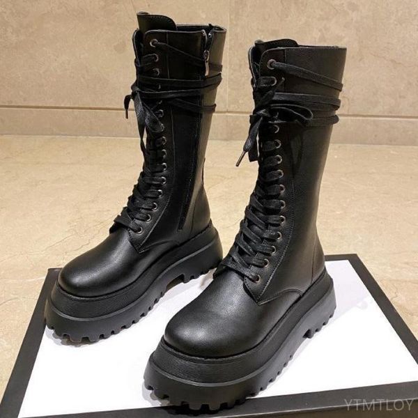 

black platform boots women side zipper lace-up long-boots women 2020 autumn fashion boots mid-calf square toe