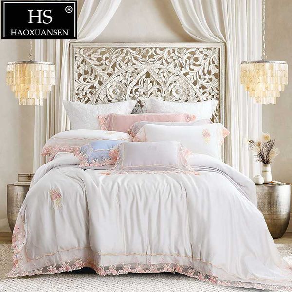 

high-end white lace 4 piece bedding sets natural organic 100% tencel lyocell princess style bed linen set  king size
