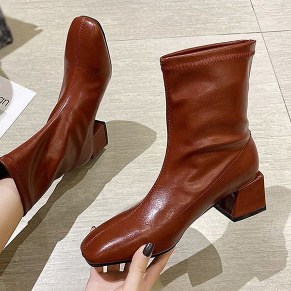 

women mid carf boots shoes ladies pu leather sewing square toe boots woman square heels slip on fashion female casual footwear, Black