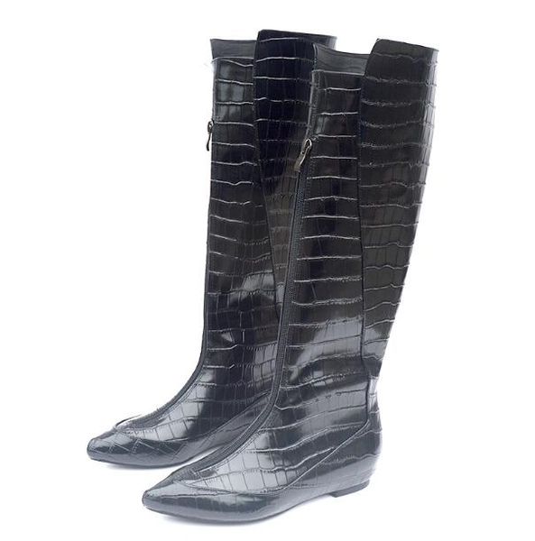 

genuine leather black girls stone cowhide lace up front pointed toe flat knee high casual knight long boots woman slim boots