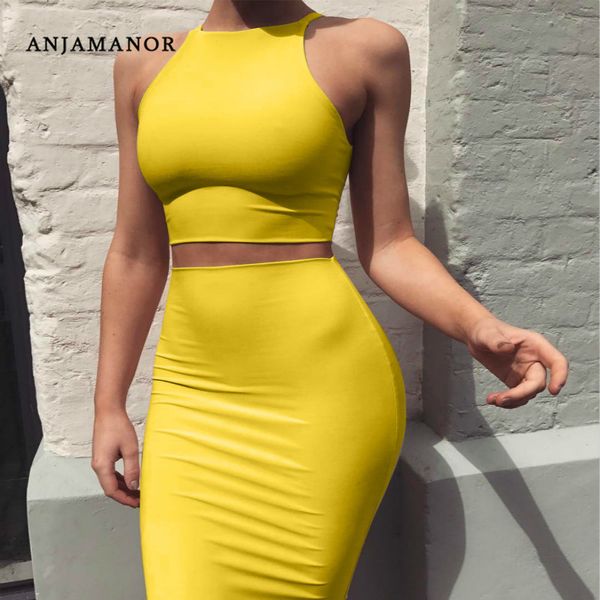 Anjamanor Crop top e saia dois pedaços vestido conjunto amarelo clube de verão roupa sexy roupas para mulheres conjuntos de correspondência D53-BD21 Y0506