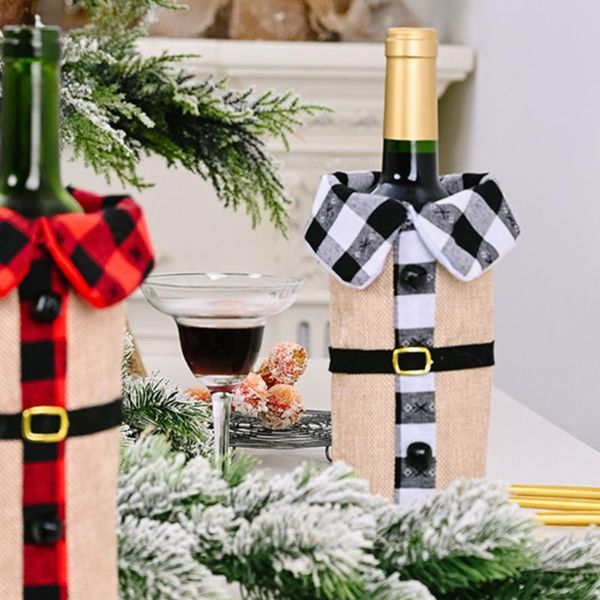 

2pcs xmas wine bottle cover wine storage bag reusable bottle christmas decorative (red and black,black and white each for 1