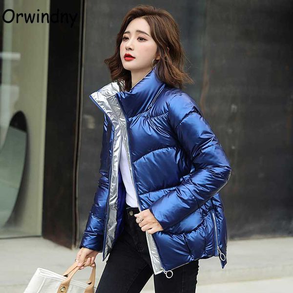 

orwindny glossy winter jacket women autumn warm jacket coat stand collar zipper wadded coat snow wear waterproof padded clothing, Black