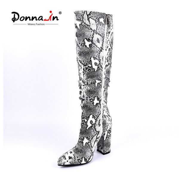 

donna-in 2020 snakeskin pattern folds women boots high heel under the knee large size winter western thick heel boot female shoe, Black