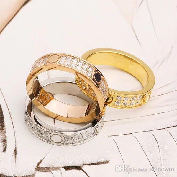 

fashion lady 316 titanium steel double rows full diamond screw wedding engagement 18k gold plated narrow lovers rings size5-9, Golden;silver