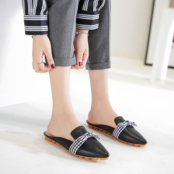 

pointed toe slippers women betterfly-knot slip on slides flats mules casual comfortable shoes loafers big size sandalias mujer, Black