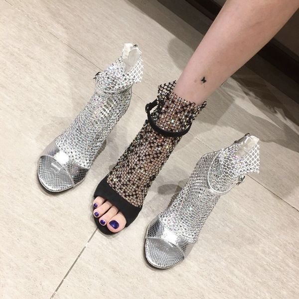 

sondr summer 2020 women's plus size fish mouth female sandals mesh high heel sandals rhinestone fine heel d-20, Black