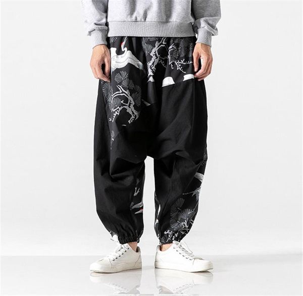 

chinese styles harem pants loose street hiphop mens long pants designer crane printed mens pants fashion, Black