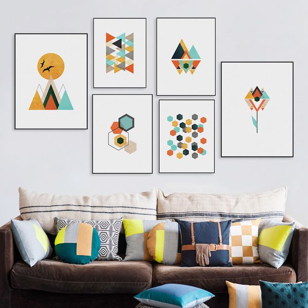 

abstract geometric shape landscape mountain sun canvas painting art print poster nordic wall picture living room home decor