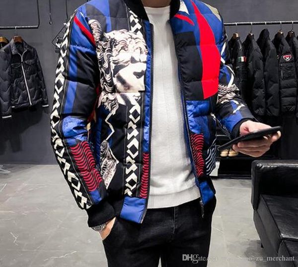 

men s korean version of the boutique sale personalized retro winter short style baseball collar printed cotton and down jacket /003, Black