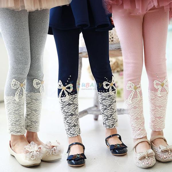 

2020 spring korean style kid's clothes girls solid lace bow baby kids flower bowknot child legging trousers lace girls pants mx200811, Blue