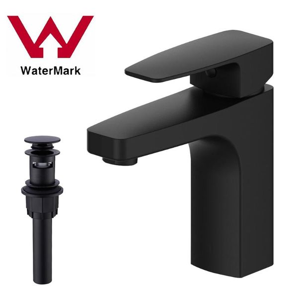 

solid brass matte black deck mounted basin faucet single handle bathroom sink mixer tap & cold water tap with up drain w