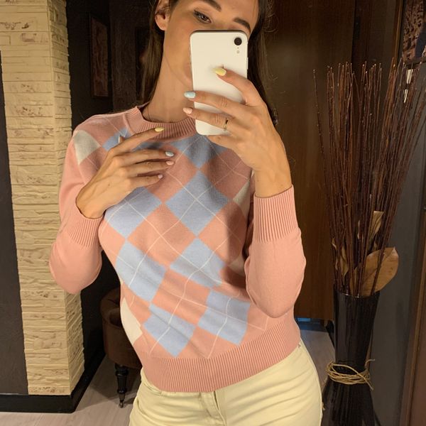 

bygouby knit sweater 2020 euro style women's sweater fashion plaid o-neck pullovers elegant ladies wild knit sweaters coat, White;black