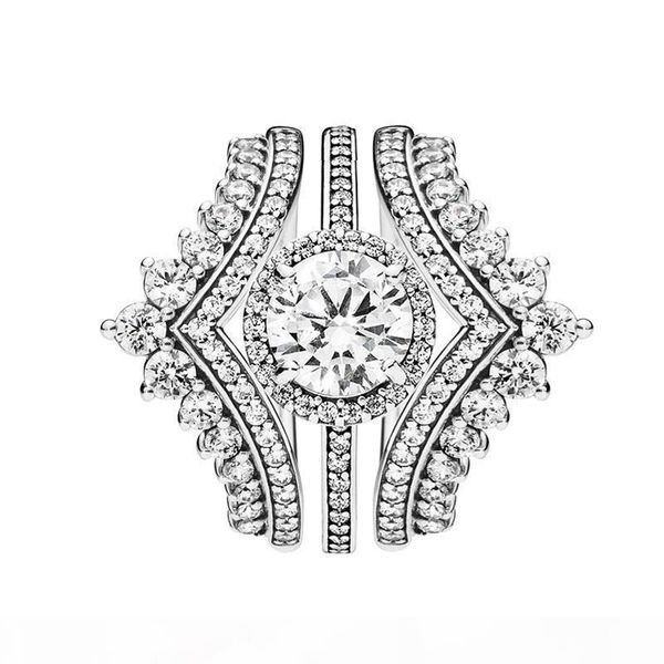 

3 in 1 luxury ring set princess wish rings round sparkle halo ring for pandora 925 sterling silver ring with original box, Slivery;golden