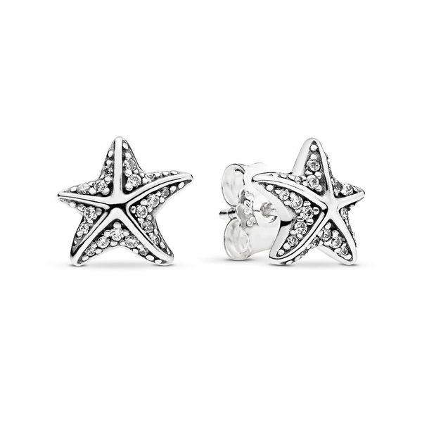 

authentic 925 sterling silver women's luxury fashion jewelry designer tropical starfish stud earrings with clear cz stones, pandora gif, Golden;silver
