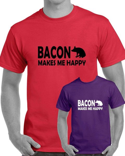 

2019 new brand clothing different colours bacon makes me happy t-shirt funny clothing mens tshirt pigs red purple funny casual