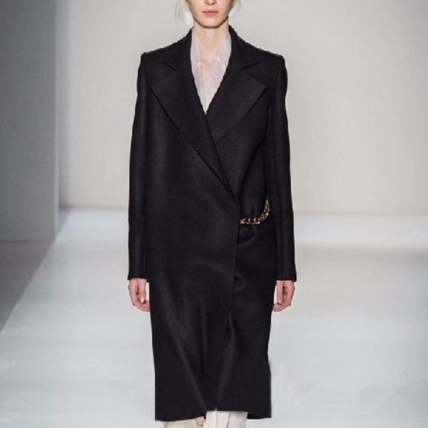 

women's wool & blends fashion chains decoration turn-down collar long woolen blazer autumn winter coats, Black