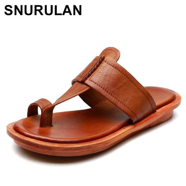 

snurulan solid handmade genuine leather johnature summer slippers outside flat stitching with sandals casual fashion slides wome, Black