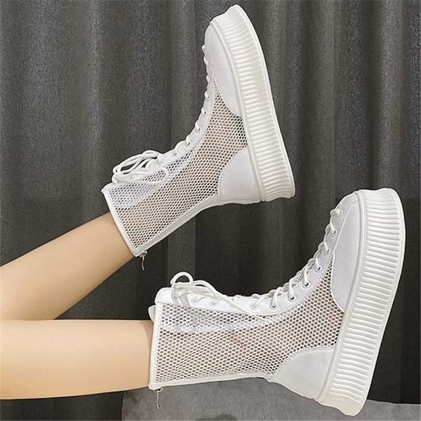 

2020 summer women cool boot leather lace up solid color breathable short boot round toe women hollow out shoe, Black
