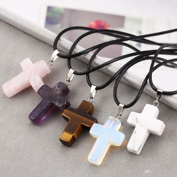 

fashion christian jewelry gemstone rock crystal quartz chakra natural stone jesus cross charm pendant lovers necklace for women, Silver