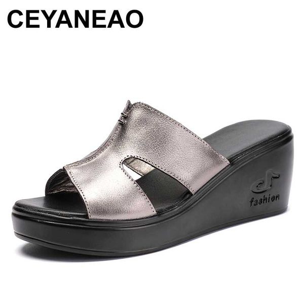 

ceyaneaowoman platform thongs 2020 new summer women genuine leather slipper high heel shoes women slippers big size, Black