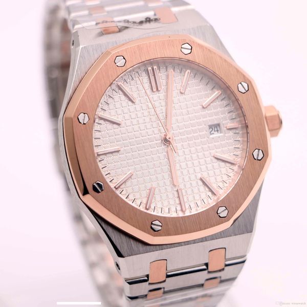 

41mm automatic two tone stainless steel bracelet outdoor refined mens watch watches transparent back white dial with gold bezel, Slivery;brown