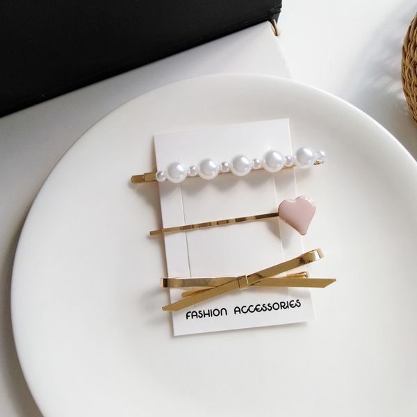 

south korea beautiful pink girl's heart barrettes cool online celebrity side clip bow pearl three-piece set bang clip 1545