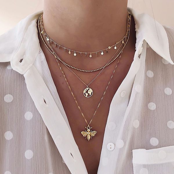 

4pcs/set women necklaces set simple bee hollow map disc tassel bead clavicle chain gold necklace bohemian valentine's day gift, Silver