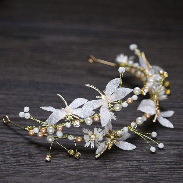 

new yarn dragonfly hairband handmade bridal wedding hair accessories pearl headpiece bridal hair jewelry party ornament, Golden;silver