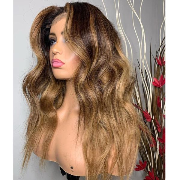 

ombre wavy lace front human hair wigs with baby hair 360 frontal honey brown glueless silk full lace wigs for women, Black;brown