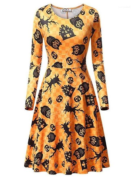 

long sleeve party dress autumn womens digital printed dress halloween party female dresses causal crew neck, Black;gray