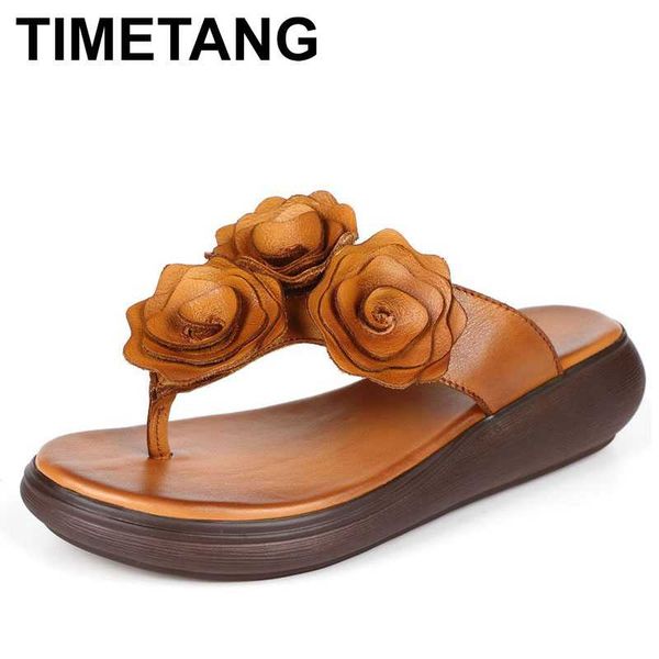 

timetang2020 new classic flower flip flop women summer sandals genuine leather flat wedge slippers soft comfortable shoes women, Black