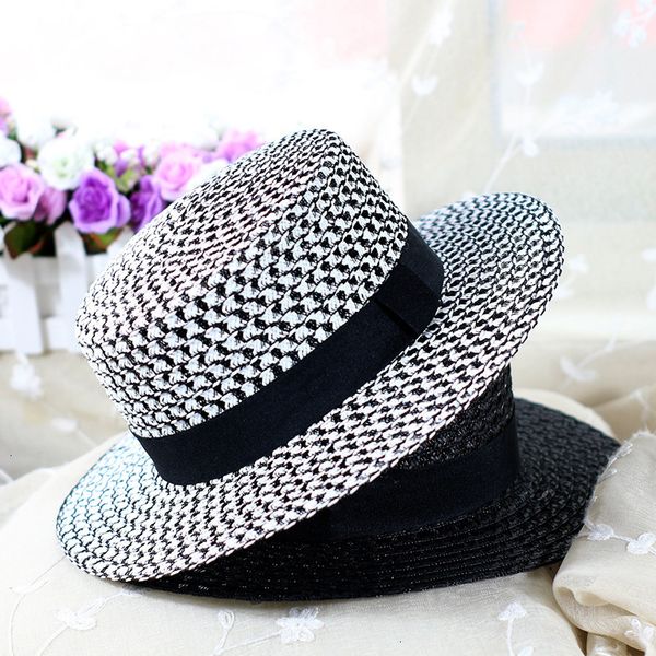 

summer new m letter retro ribbon braided flat head straw hat lady hepburn wide-brim sun hat british style sunscreen beach, Blue;gray