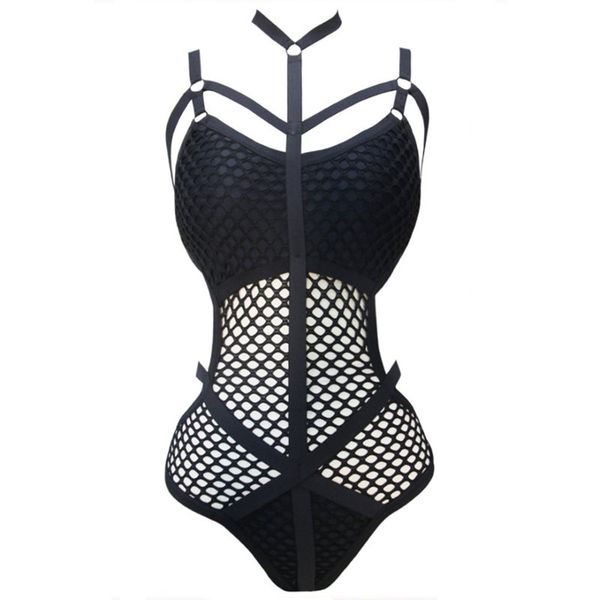

women's jumpsuits & rompers rosetic women black sheer knit net mesh swimwear one piece swimsuit female bather bathing suit swim halter, Black;white