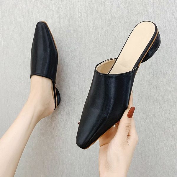 

eoeodoit women slippers summer low heel pointed toe slip on casual sandals leather slides drags, Black