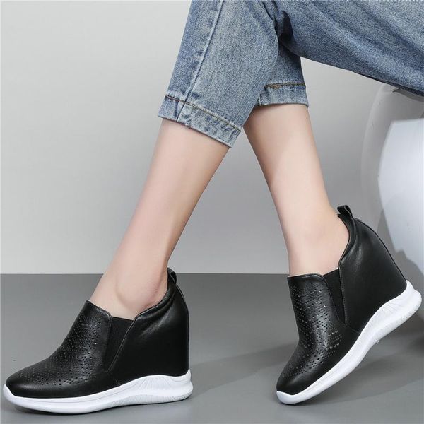 

summer fashion sneakers women genuine leather wedges high heel gladiator sandals female slip on round toe platform pumps shoes, Black