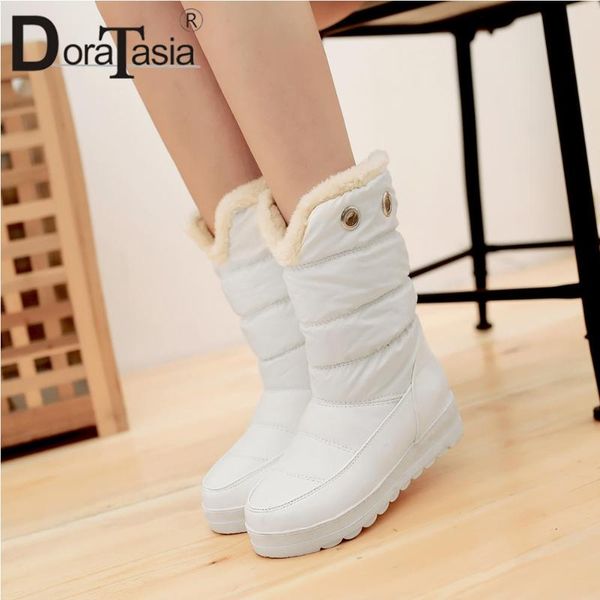 

doratasia female warm brand snowboots 2020 consise classic metal boots women mid calf solid casual slip on sewing shoes woman, Black
